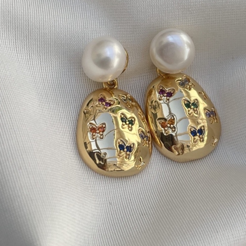 Gold Pearl Drop Earrings with Multicolor Butterfly Accents